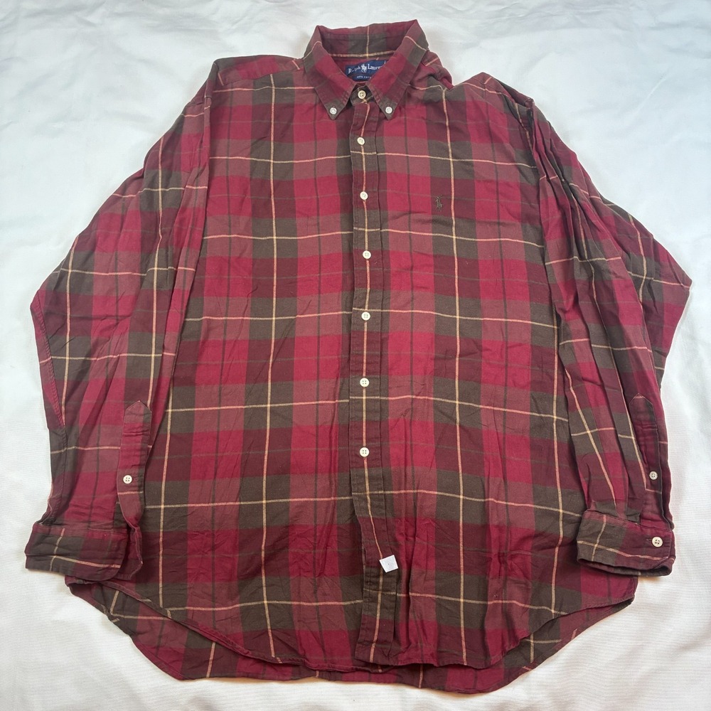 Ralph Lauren Red Plaid Check Flannel Button Down Shirt XL 100% Cotton